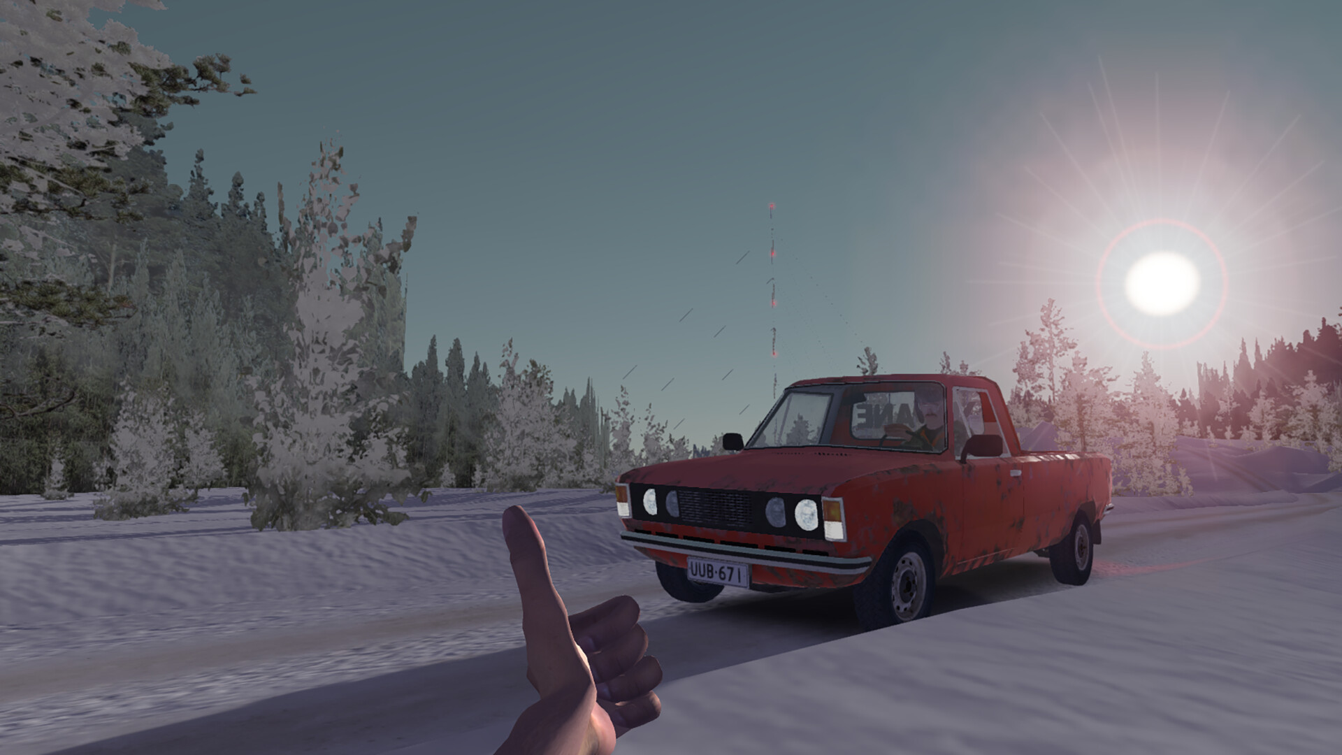 A red pickup on a snowy forest road in My Winter Car