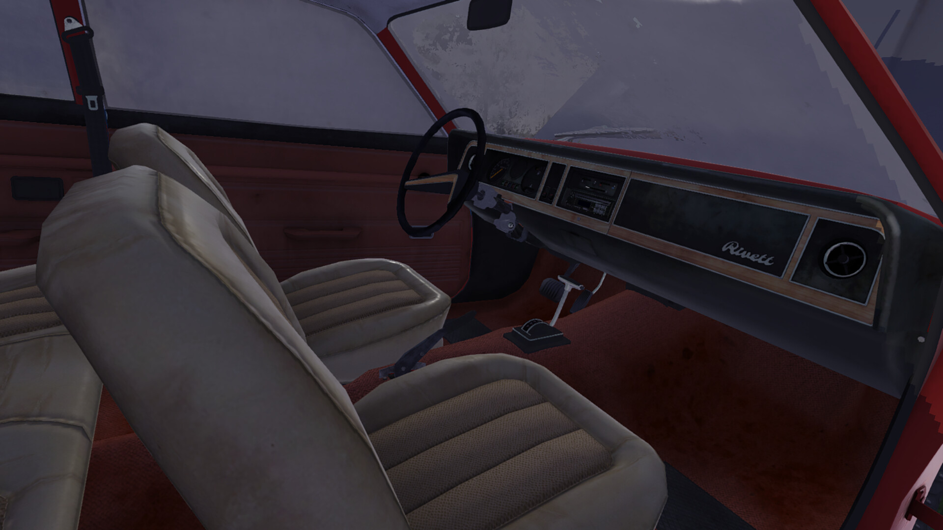 The worn seats and dashboard inside a car in My Winter Car